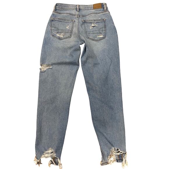 American Eagle Mom Jeans Womens Size 2 Blue Stretch Thrashed Destroyed Hipster - Picture 2 of 11